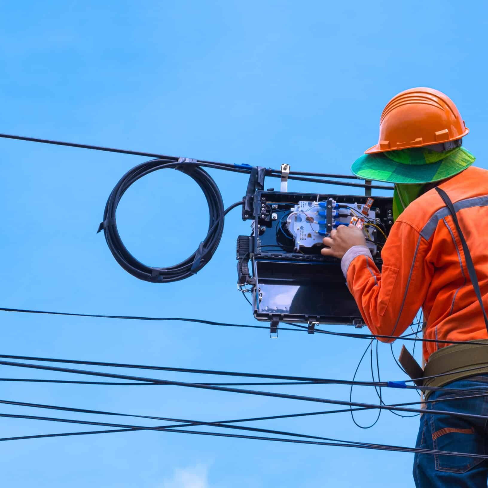 Rear view of technician on wooden ladder checking code numbers o